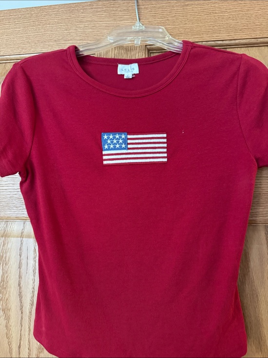 Le Lis Tops - Le Lis Red Ribbed Crop Tee with Embroidered Flag